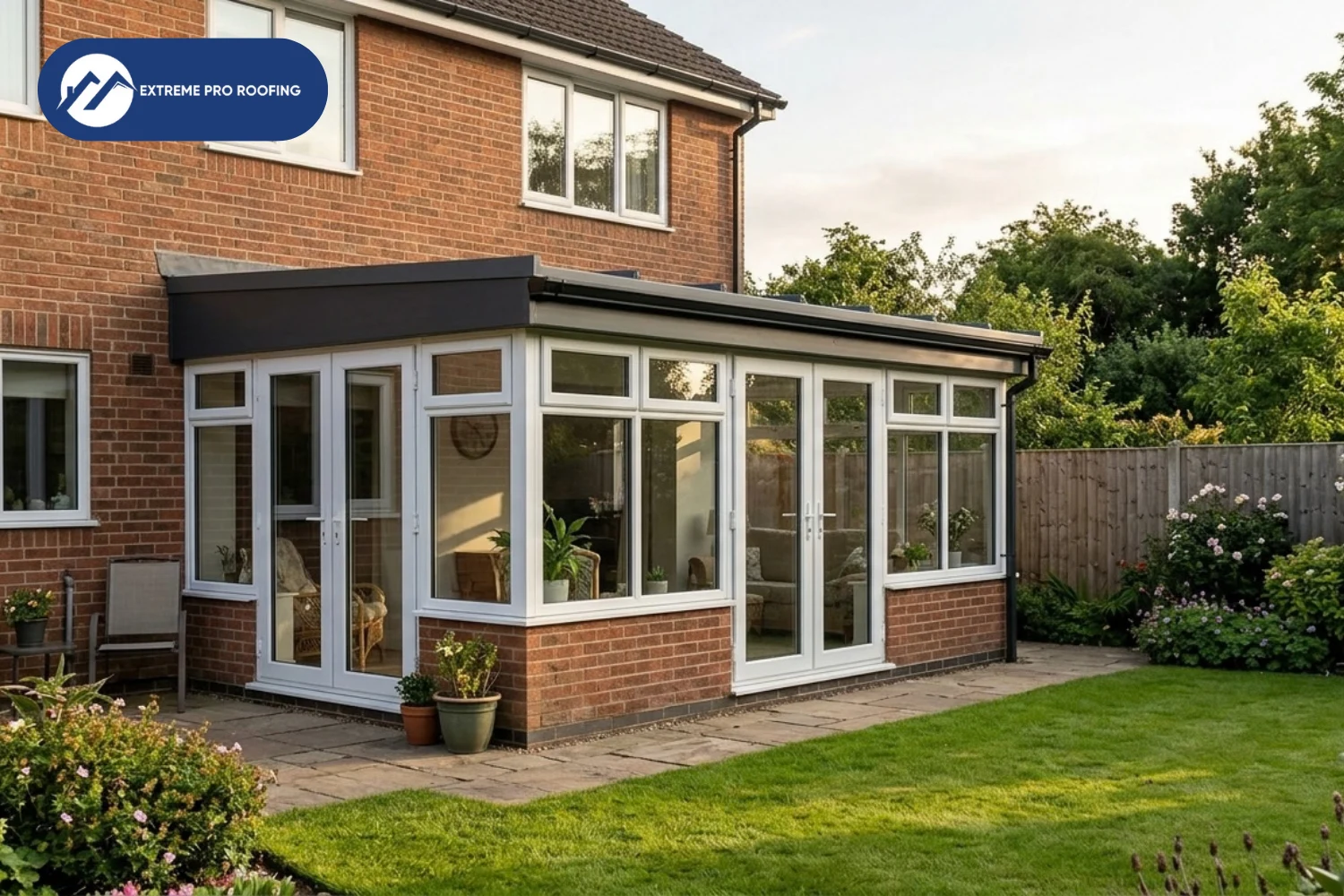 White conservatory on brick house