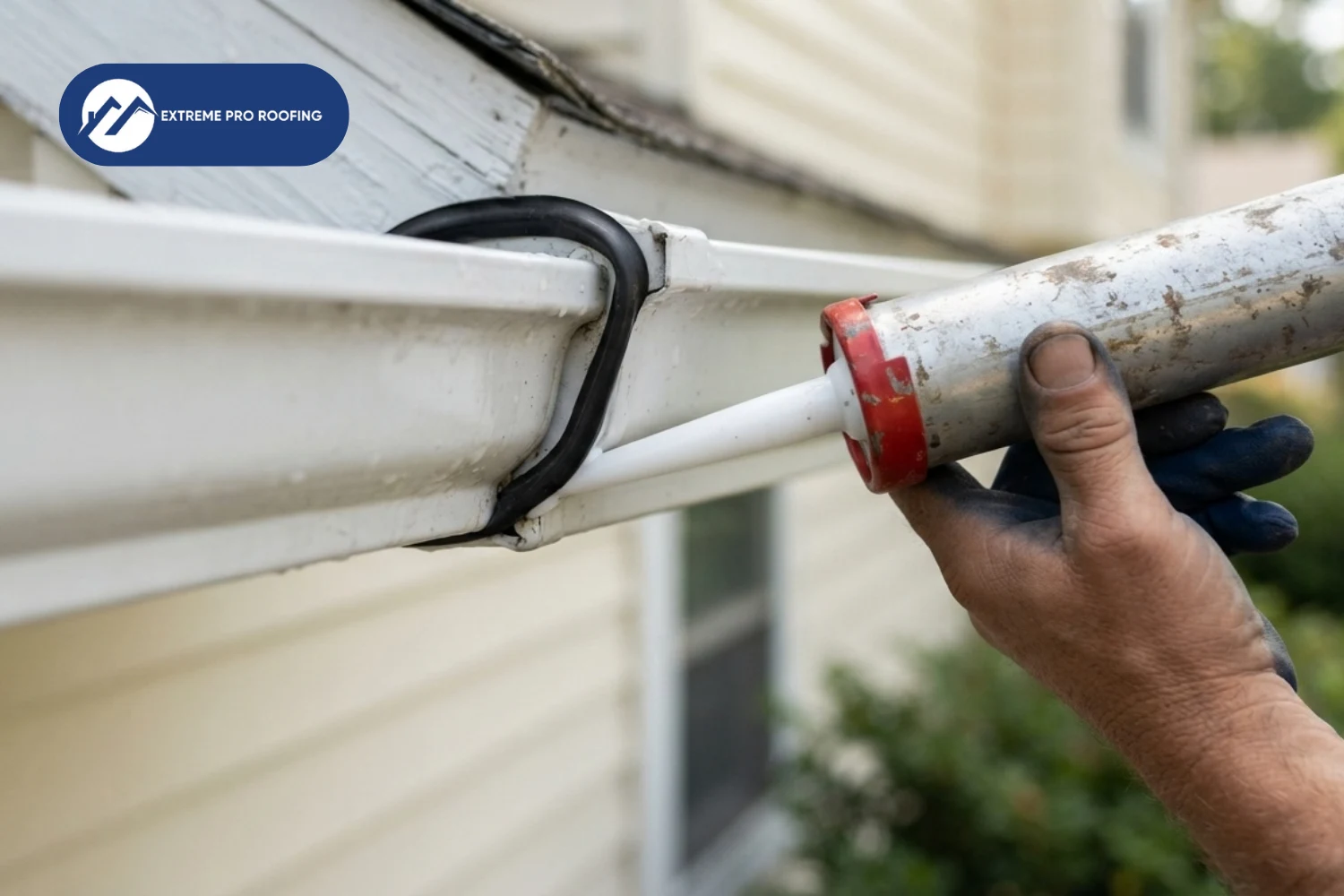 roofer applying gutter sealant